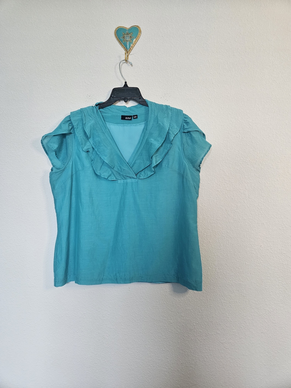 A.N.A Turquoise Ruffle V-Neck Women's Top - Picture 2 of 16